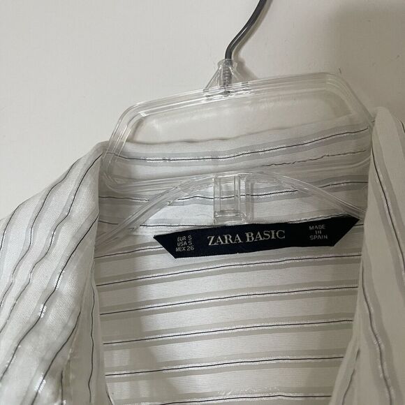 ZARA white shimmer stripe button down lightweight blouse shirt size small - Picture 3 of 6